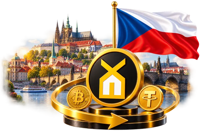 Флаг Чехии, городской пейзаж и монеты Globe_EX — перевод денег в Чехию