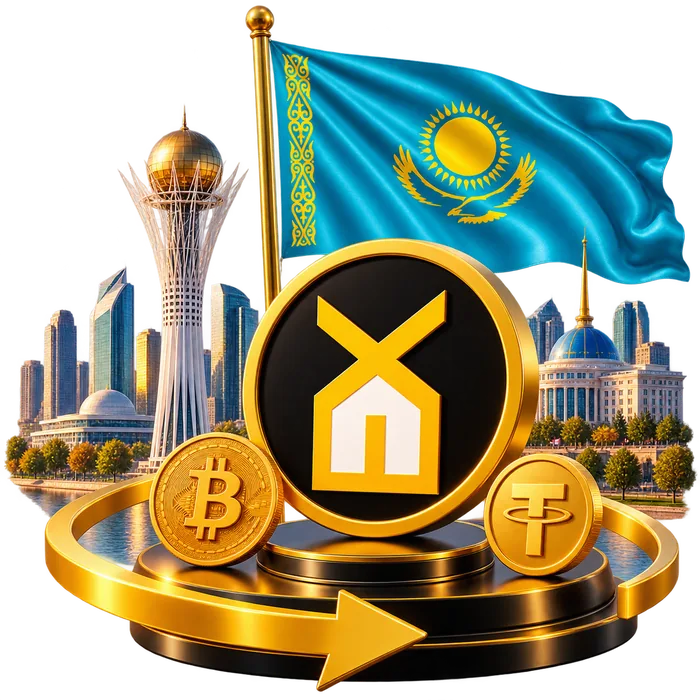 Флаг Казахстана, городской пейзаж и монеты Globe_EX — перевод денег в Казахстан