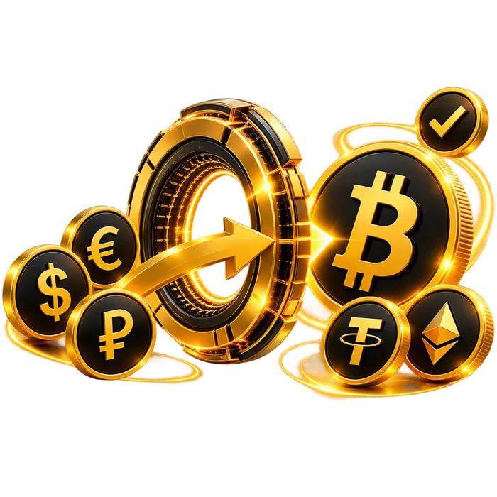 Монеты рубля, доллара и евро со стрелкой к биткоину, эфиру и USDT — покупка криптовалюты