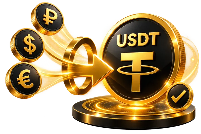 Монеты рубля, доллара и евро со стрелкой к монете USDT — покупка USDT