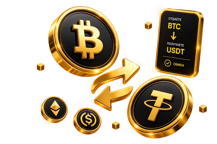 Монеты биткоина и USDT со встречными стрелками обмена — обмен криптовалюты