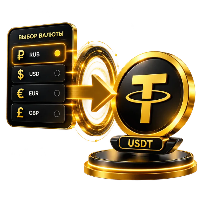 Выбор валюты — рубли, доллары, евро, фунты — со стрелкой к монете USDT
