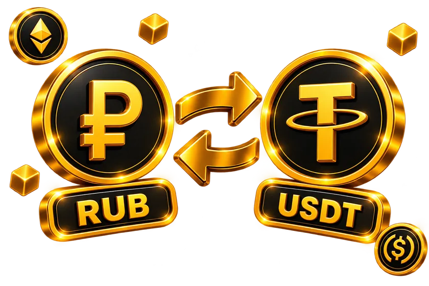 Монеты рубля и USDT со стрелками обмена — обмен рублей на USDT