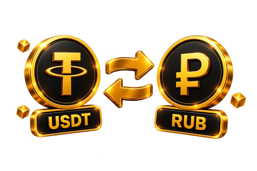 Монеты USDT и рубля со стрелками обмена — обмен USDT на рубли