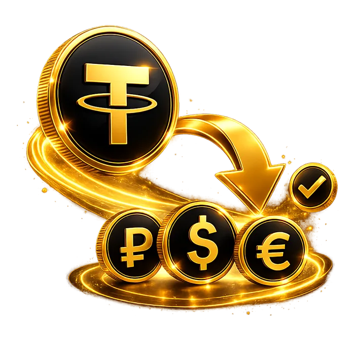 Монета USDT со стрелкой к монетам рубля, доллара и евро — продажа USDT