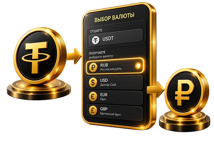 Монета USDT и выбор валюты на экране — обмен USDT на валюту